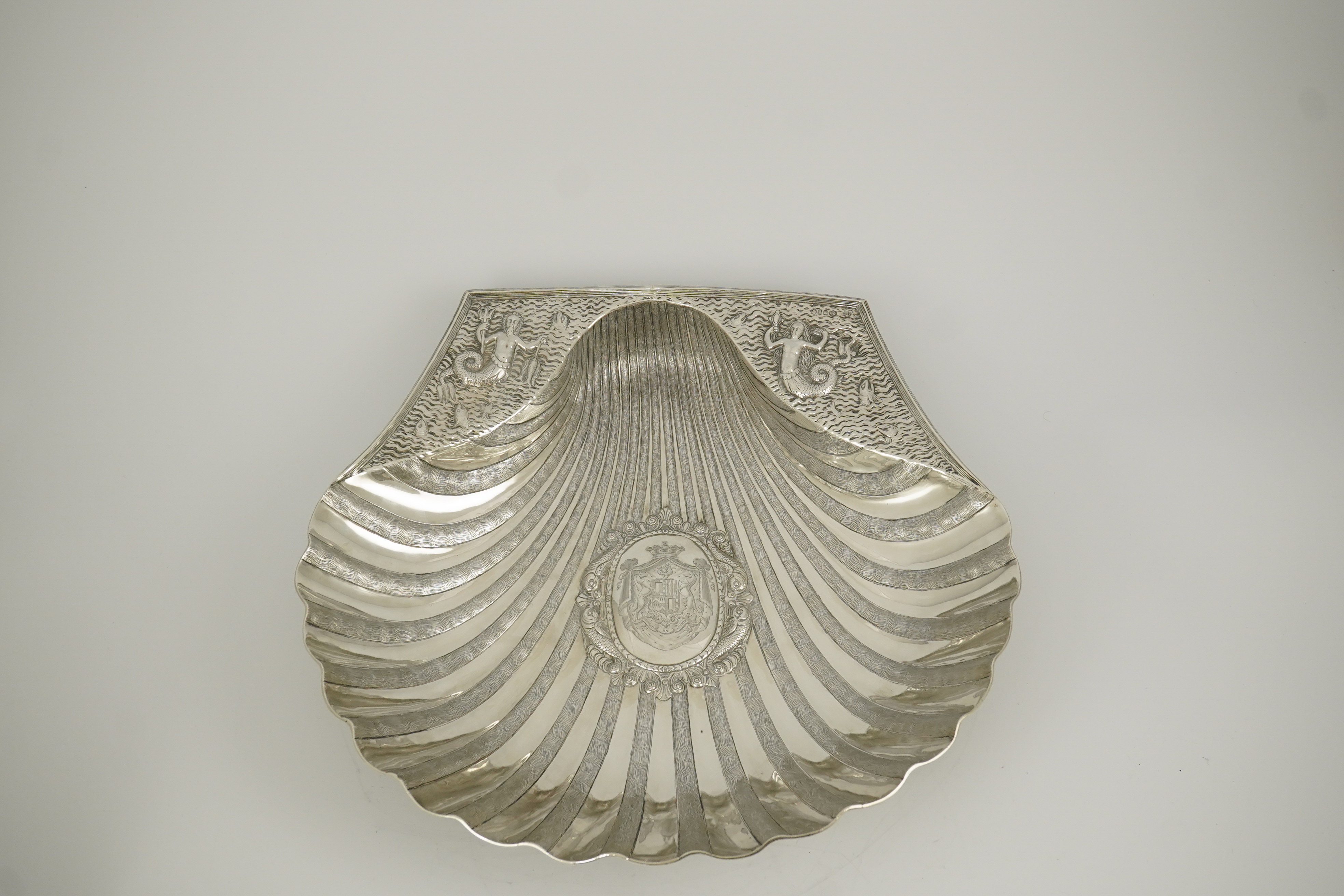 A good large Victorian silver shell shaped basin, by John Samuel Hunt (Hunt & Roskell late Storr & Mortimer), based on a 16th century model used in conjunction with a ewer for the washing of hands during and after a meal